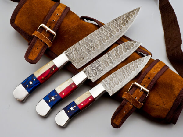 Damascus Steel 3-Piece Texas Flag Knife Set