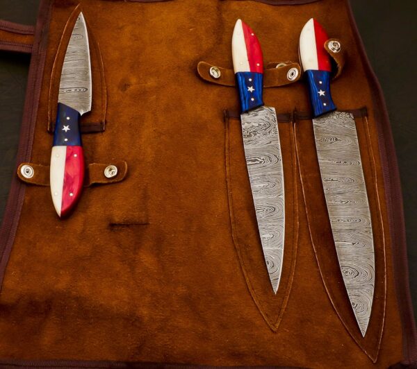 Damascus Steel 3-Piece Texas Flag Knife Set