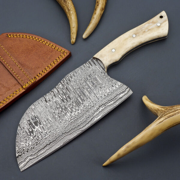 Custom Handmade Damascus Steel Cleaver Knife with Camel Bone Handle