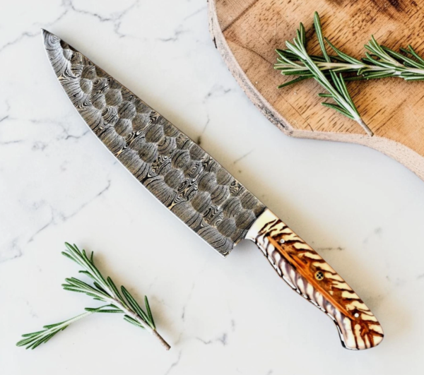 Handmade Damascus Steel Chef Knife with White Pine Cone Resin Handle